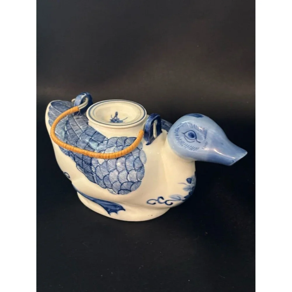 Vintage Blue & White Hand Painted Duck Teapot Floral Accents Made In China